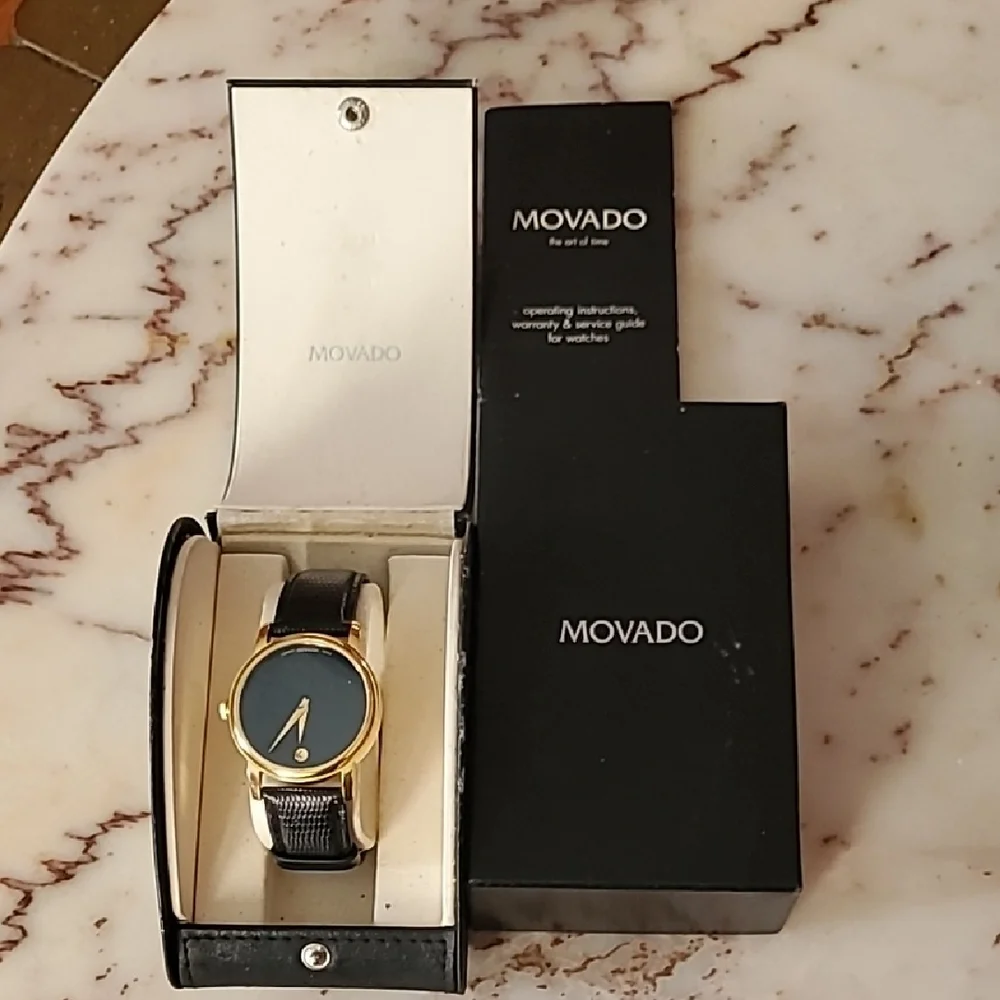 Movado Gold-Tone Case Black Dial Black Leather Strap Watch - Picture 1 of 1